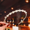 Detail shot of a white hand-woven pearl headband showing the 12cm width measurement - S186-12 Pearl Decorated Headband 12cm