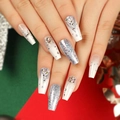 Festive long coffin press-on nails with white polish, silver glitter, and pearl accents - White Silver Glitter Rhinestone Pearl (JP2683)