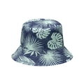 Detailed view of tropical leaf prints on navy blue cotton fabric of the sun bucket hat - Navy Blue Green Tropical Leaves (3)