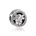 Pandora style peach blossom bead with pink enamel flowers and pavé crystals charm - Style J4-09 / Pave Rhinestone Pink White Flower