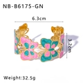 Detail view of butterfly enamel open bangle with 6.3cm diameter and 3.2cm width measurements - Pink and Green Butterfly Style (NB-B6175-GN)