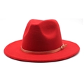 Classic wide brim red fedora jazz hat with elegant gold buckle strap for men and women - M (56-58cm) / Red