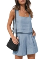 Ensemble deux pièces en lin pour femme avec haut sans manches et short en bleu clair - S / Rose bonbon