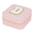 Pink portable travel jewelry box with white plush letter D patch and zipper closure - Letter D (No Mirror) (FS61) / 10x10x5cm