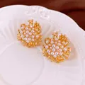 Vintage gold coral flower earrings featuring multiple small white cluster pearls - Gold Flower Style (77#)