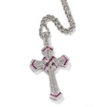 Collana hip hop con pendente a croce argento, zirconi e gemme rosa su catena a corda - 3mm 24 pollici / Argento Rosso + Catena a Corda