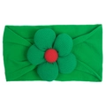 Green nylon elastic headband with a large red center corduroy flower for baby girls - Christmas Green