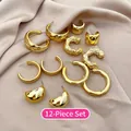 12-piece gold hoop and stud earring set featuring textured geometric designs - 12pcs Set / Gold