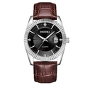 Men's quartz watch with silver fluted bezel, black diamond dial and brown leather strap - Brown Strap Silver Case Black Dial Men's