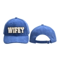 Detail of blue corduroy baseball cap with WIFEY chenille patch and adjustable back strap - Adjustable / Sapphire Blue