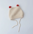Beige baby knit earflap hat with dual red pom-poms and protective chin straps - Cap circumference 40-48cm, suitable for 3-18 months / Candy Ball Beige