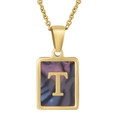 Square stainless steel necklace with gold-tone letter T pendant and colorful shell inlay - Colorful Shell T