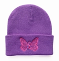 Close-up of pink butterfly and ribbon embroidery on a purple knitted beanie hat - Purple