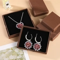 Elegant jewelry gift set with red heart necklace and floral earrings in a brown box - Floating Checkered Pattern Purple Clay Brown Ribbon With Nail Clips; 5*5*1.5cm