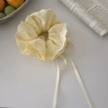 French style cream double-layered lace hair scrunchie with long ribbons and embroidery - Lace Streamer Style / Yellow