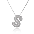 Macro shot of silver letter S pendant with white zircon pavé and classic box chain - S