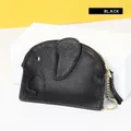 Cute black elephant genuine leather coin purse with golden keychain and zipper detail - Black