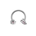 Zilveren hoefijzerring met roze bloem- en vlinderhangers voor bodypiercing - Zilveren Bloem Vlinder Roze Steen