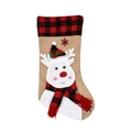 Detailed view of linen Christmas stocking with 3D reindeer and red black plaid cuff - Elk