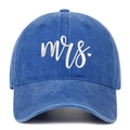 Detailed view of white Mrs embroidery with heart on washed blue denim baseball cap - Royal Blue Mrs.