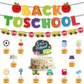 Back to school party decoration kit with paper banners and themed cake toppers - School Bus Set H (4-Piece)