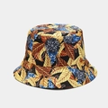 Reversible bucket hat with yellow and blue tropical floral print for sun protection - One Size / 22# Brown Blue Tropical Leaves