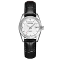 Classic silver steel watch with white sunray dial, calendar window and black leather strap - Black Strap Silver Case White Dial Women's