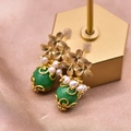 Vintage gold floral drop earrings with green stones and white pearls on silk - Green Jade Dangle Earrings
