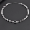 Silver Cuban link necklace with black square pendant and adjustable lobster clasp - Steel Color Necklace (N402)
