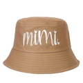 Detailed close-up of mimi letter embroidery and heart detail on khaki cotton bucket hat - Adjustable / Khaki