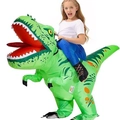 Detail of inflatable green dinosaur costume for kids with sharp teeth and red tongue - Riding A Green Tyrannosaurus Rex (adult) / One Size