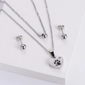 Minimalist silver steel jewelry set featuring heart paw pendant necklace and bead earrings - Earrings + Pendant Necklace / Silver