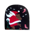 Black Christmas knitted beanie featuring Santa Claus, scooter, and snowflake patterns - Skateboarding Santa Claus