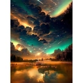 DIY diamond painting featuring starry sky with northern lights and lake reflection - Aurora Starry Sky Lake / 20x30cm