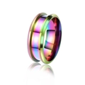 Polished 8mm iridescent rainbow titanium steel ring with double beveled grooved design - Rainbow