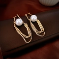 Macro shot of elegant gold earrings with white pearl and tiered rhinestone tassel chains - Gold Chain Pearl Earrings (925 Silver Needle)