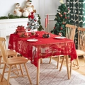 Christmas theme red lace rectangle tablecloth with reindeer and snowflake festive patterns - 90x90cm / Red Christmas