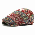 Vintage bohemian jacquard flat cap with colorful geometric knit patterns and adjustable buckle - Burgundy