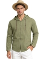 Men's loose hooded cotton shirt in grass green with long sleeves and drawstring hood - Army Green