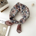French vintage floral cotton linen neck scarf with blue and brown patterns - 55cm / Beauty Pine Plum Brown