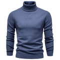 Close-up of the ribbed turtleneck and soft knit texture on the blue men's sweater - High-necked Grey-blue (formerly Dark Grey)