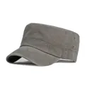 Classic washed cotton flat top cadet cap in distressed grey with metal eyelets - Adjustable / Gray