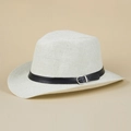Summer breathable white straw fedora jazz hat with black leather band and buckle - M (56-58cm) / Beige