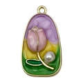 Golden oval tulip enamel pendant with purple background and small pearl detail - Purple-Yellow Pearl Rose-24437
