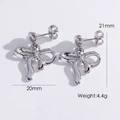Silver bow stud earrings in polished stainless steel with 20mm by 21mm dimensions - Heart Bow Stud Earrings / Steel