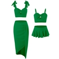 Matching neon green mother and daughter three-piece bikini sets with skirts in flat lay view - Q240703 / 104