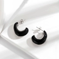 Minimalist black C-shaped stainless steel earrings with glossy enamel finish - Silver Base / Black