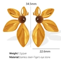 18K gold plated stainless steel flower earrings with tiger's eye stones and petals - Brown Tiger's Eye Gold Earrings (EH549BNG)