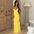Abito lungo giallo sexy senza schiena con scollo a V e balze a strati per vacanze estive - S / Giallo