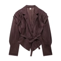 Kurze dunkelbraune Wildlederjacke mit Gürtel und plissierten Ärmeln in der Größe S - S / Dunkelrot